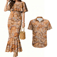 Brown Hawaii Palaka Cowboy Couples Matching Mermaid Dress and Hawaiian Shirt Hawaiian Paniolo Festival Spirit