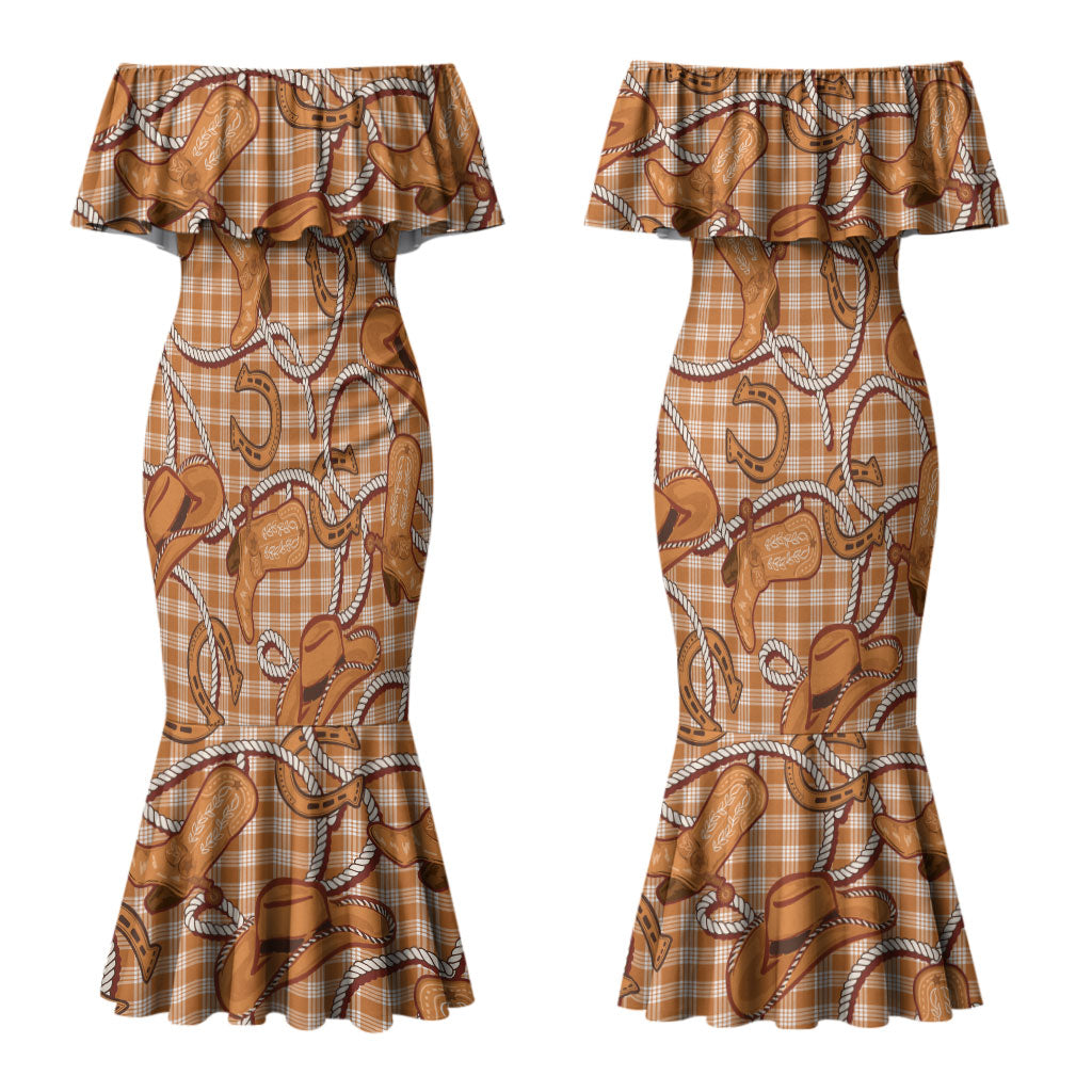 Brown Hawaii Palaka Cowboy Couples Matching Mermaid Dress and Hawaiian Shirt Hawaiian Paniolo Festival Spirit