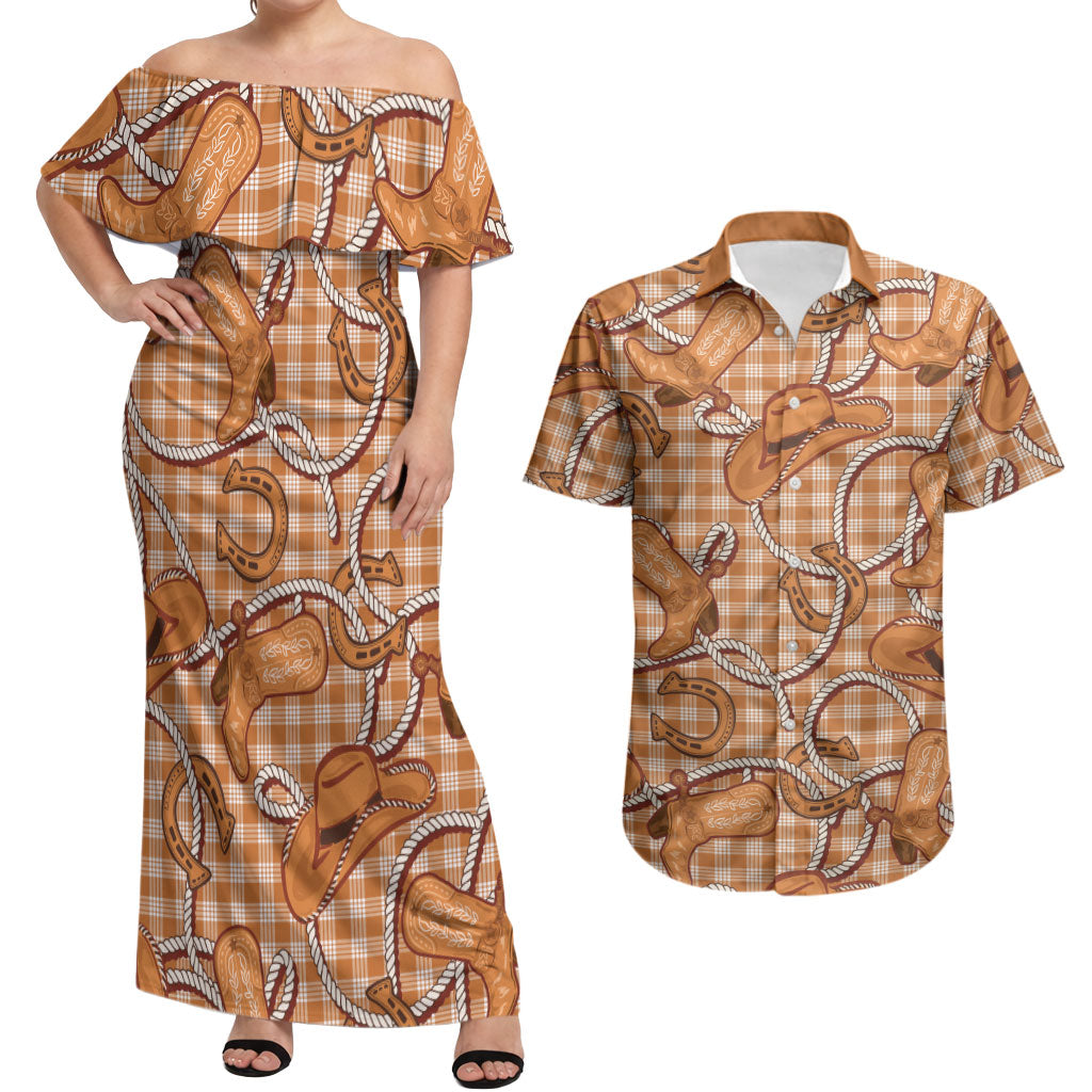 Brown Hawaii Palaka Cowboy Couples Matching Off Shoulder Maxi Dress and Hawaiian Shirt Hawaiian Paniolo Festival Spirit LT19 Brown - Polynesian Pride