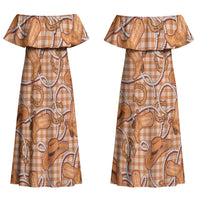 Brown Hawaii Palaka Cowboy Couples Matching Off Shoulder Maxi Dress and Hawaiian Shirt Hawaiian Paniolo Festival Spirit