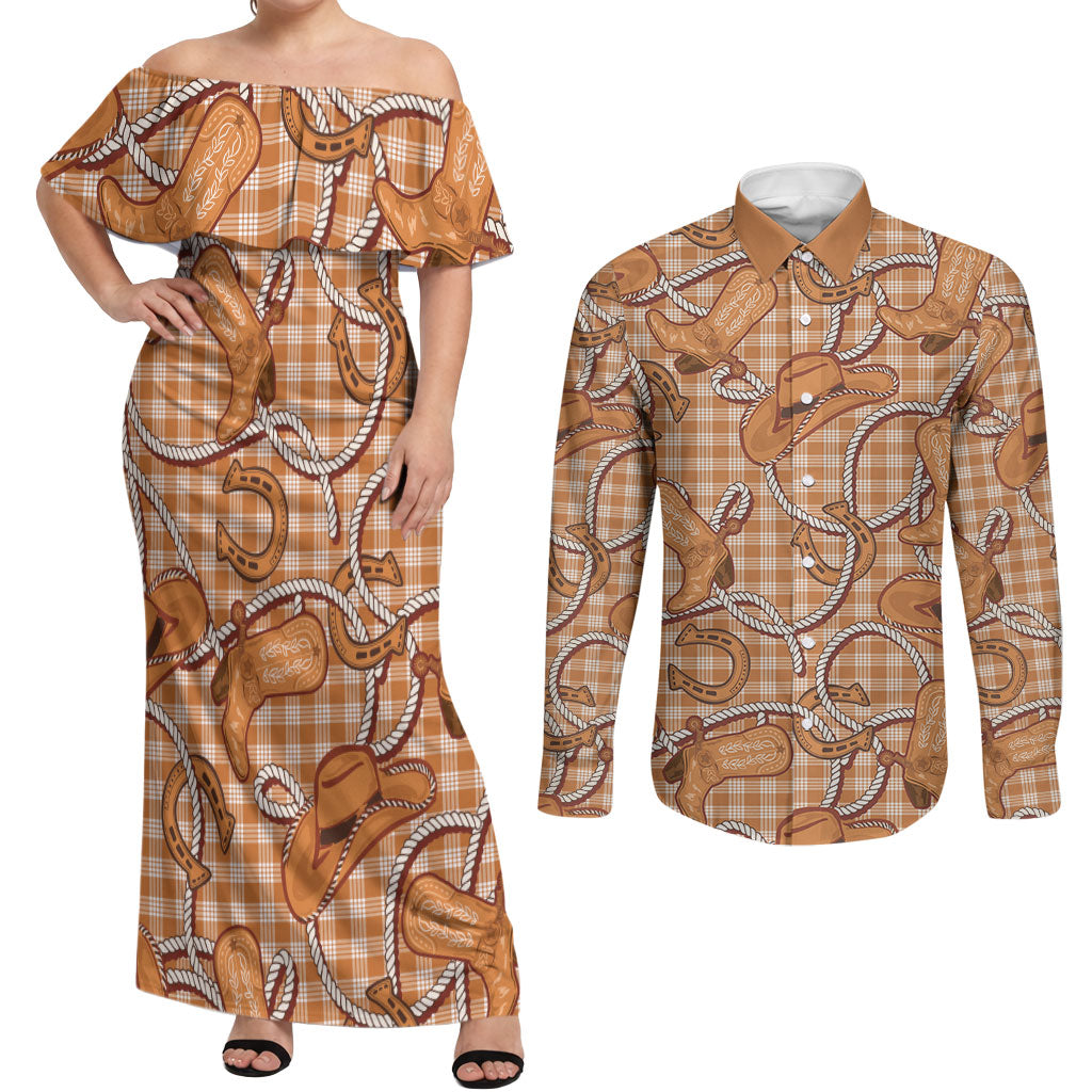 Brown Hawaii Palaka Cowboy Couples Matching Off Shoulder Maxi Dress and Long Sleeve Button Shirt Hawaiian Paniolo Festival Spirit