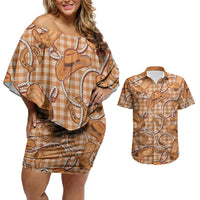 Brown Hawaii Palaka Cowboy Couples Matching Off Shoulder Short Dress and Hawaiian Shirt Hawaiian Paniolo Festival Spirit