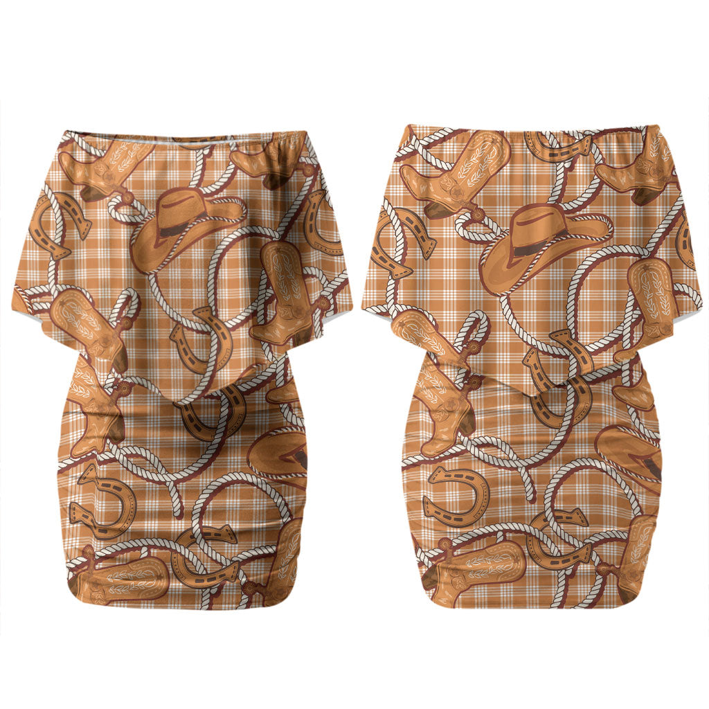Brown Hawaii Palaka Cowboy Couples Matching Off Shoulder Short Dress and Hawaiian Shirt Hawaiian Paniolo Festival Spirit
