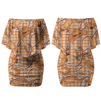 Brown Hawaii Palaka Cowboy Couples Matching Off Shoulder Short Dress and Hawaiian Shirt Hawaiian Paniolo Festival Spirit