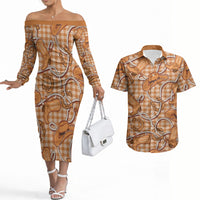 Brown Hawaii Palaka Cowboy Couples Matching Off The Shoulder Long Sleeve Dress and Hawaiian Shirt Hawaiian Paniolo Festival Spirit