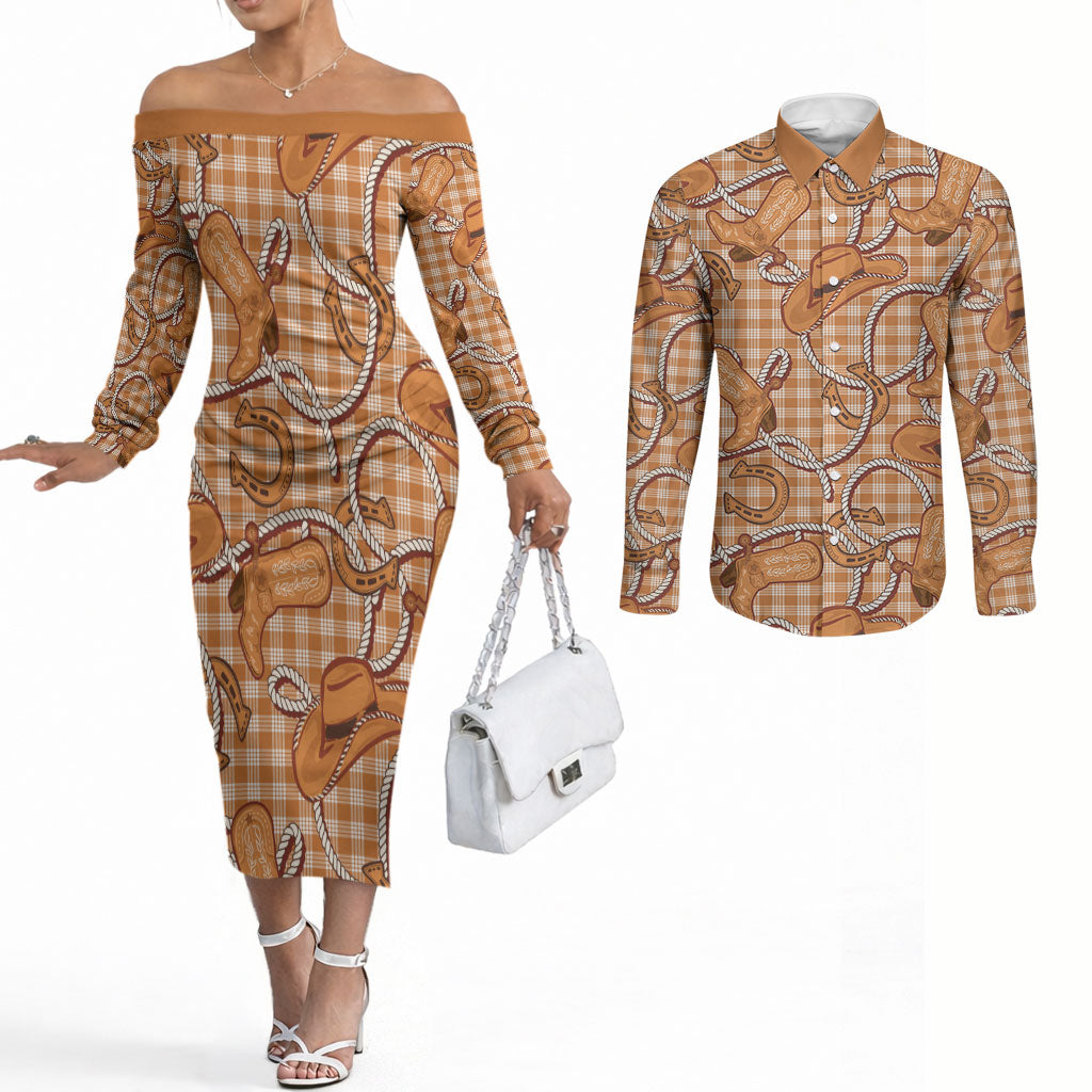 Brown Hawaii Palaka Cowboy Couples Matching Off The Shoulder Long Sleeve Dress and Long Sleeve Button Shirt Hawaiian Paniolo Festival Spirit