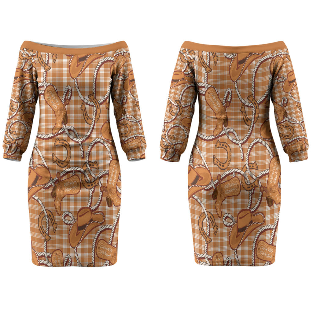 Brown Hawaii Palaka Cowboy Couples Matching Off The Shoulder Long Sleeve Dress and Long Sleeve Button Shirt Hawaiian Paniolo Festival Spirit