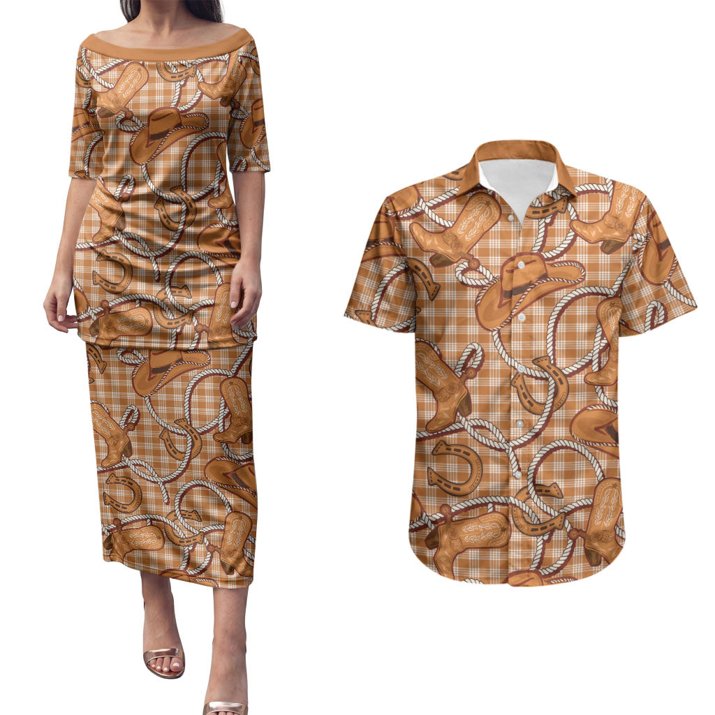 Brown Hawaii Palaka Cowboy Couples Matching Puletasi and Hawaiian Shirt Hawaiian Paniolo Festival Spirit