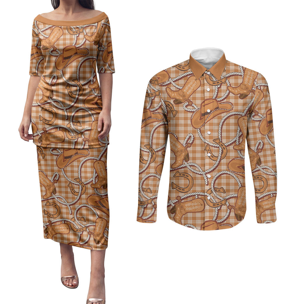 Brown Hawaii Palaka Cowboy Couples Matching Puletasi and Long Sleeve Button Shirt Hawaiian Paniolo Festival Spirit