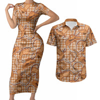 Brown Hawaii Palaka Cowboy Couples Matching Short Sleeve Bodycon Dress and Hawaiian Shirt Hawaiian Paniolo Festival Spirit