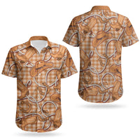 Brown Hawaii Palaka Cowboy Couples Matching Short Sleeve Bodycon Dress and Hawaiian Shirt Hawaiian Paniolo Festival Spirit