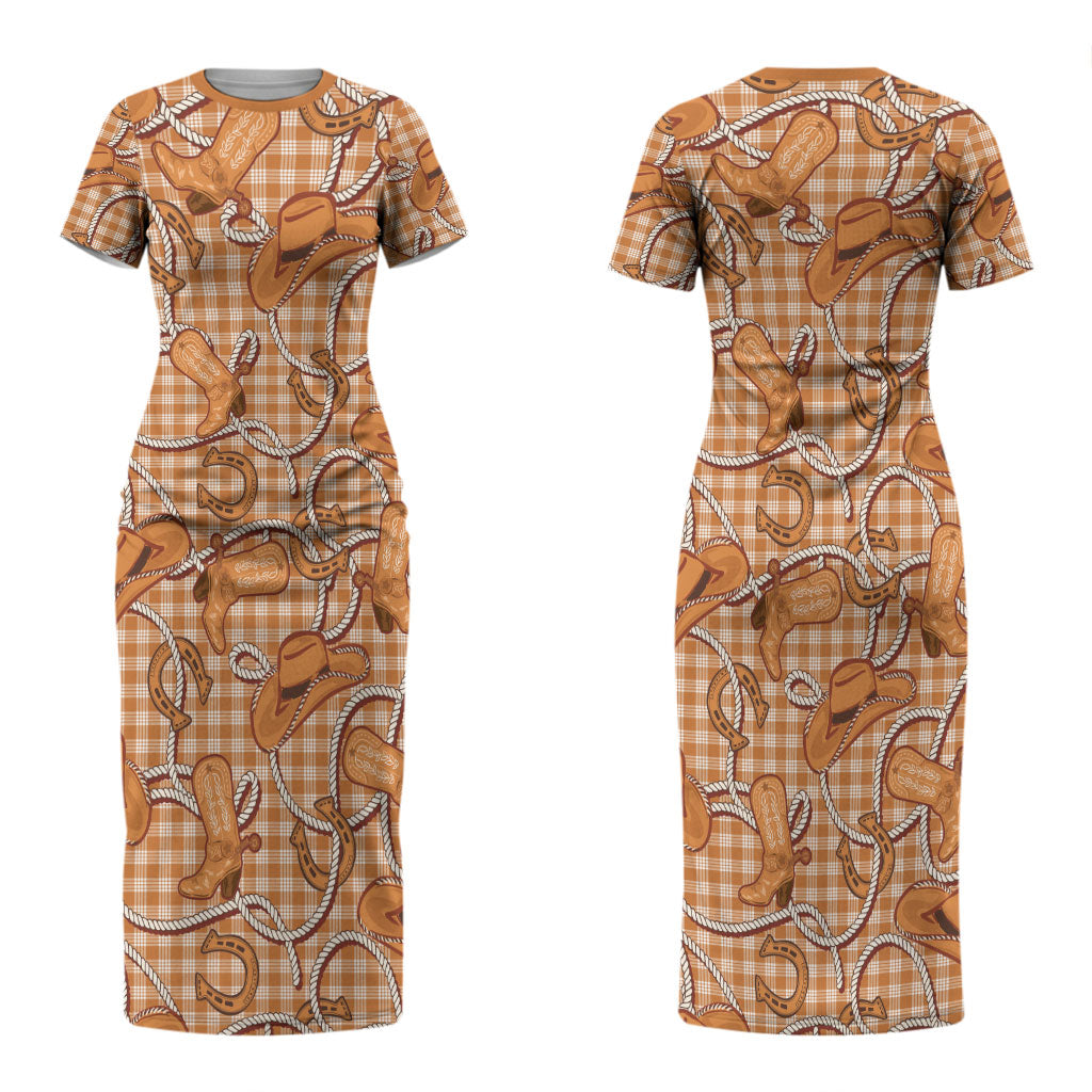 Brown Hawaii Palaka Cowboy Couples Matching Short Sleeve Bodycon Dress and Hawaiian Shirt Hawaiian Paniolo Festival Spirit