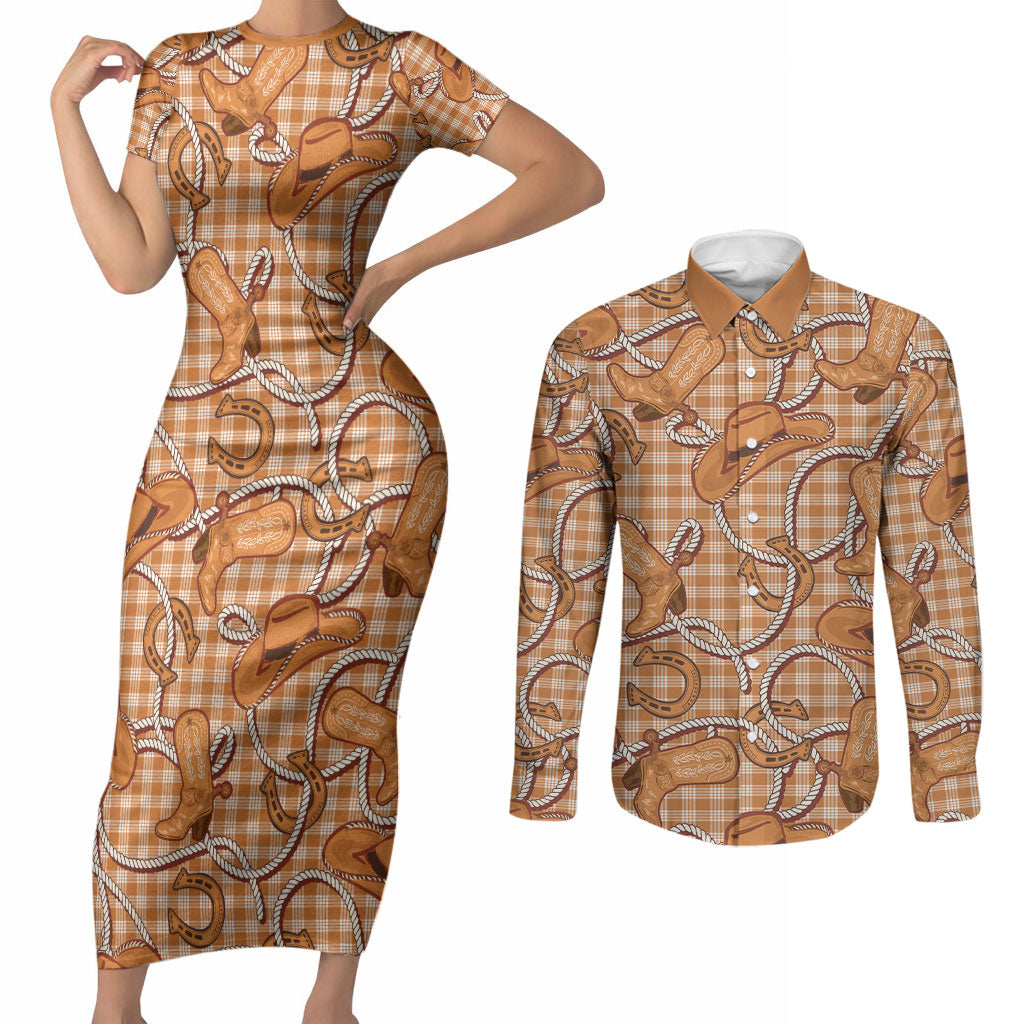 Brown Hawaii Palaka Cowboy Couples Matching Short Sleeve Bodycon Dress and Long Sleeve Button Shirt Hawaiian Paniolo Festival Spirit