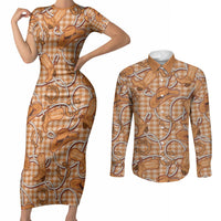 Brown Hawaii Palaka Cowboy Couples Matching Short Sleeve Bodycon Dress and Long Sleeve Button Shirt Hawaiian Paniolo Festival Spirit