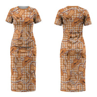 Brown Hawaii Palaka Cowboy Couples Matching Short Sleeve Bodycon Dress and Long Sleeve Button Shirt Hawaiian Paniolo Festival Spirit