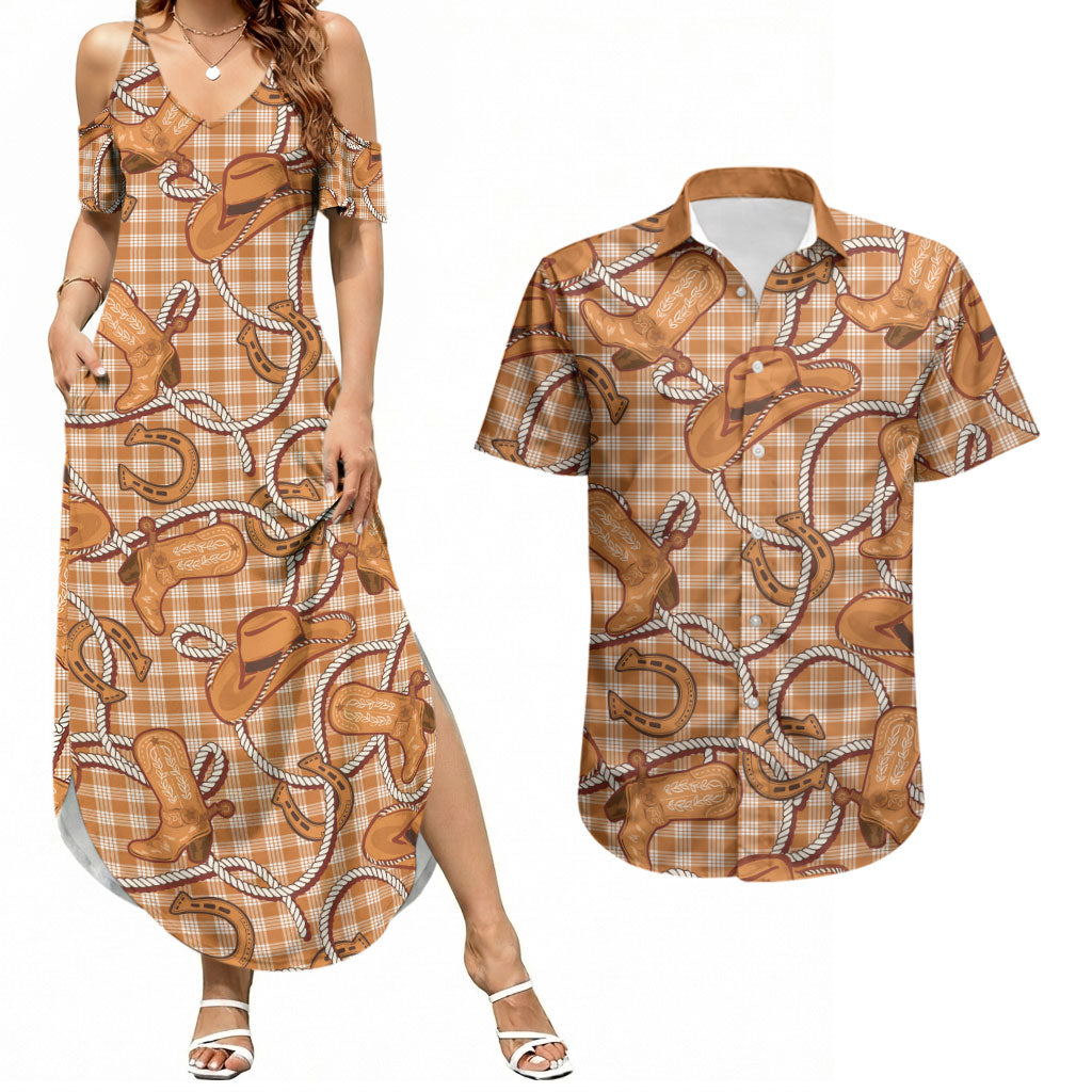 Brown Hawaii Palaka Cowboy Couples Matching Summer Maxi Dress and Hawaiian Shirt Hawaiian Paniolo Festival Spirit