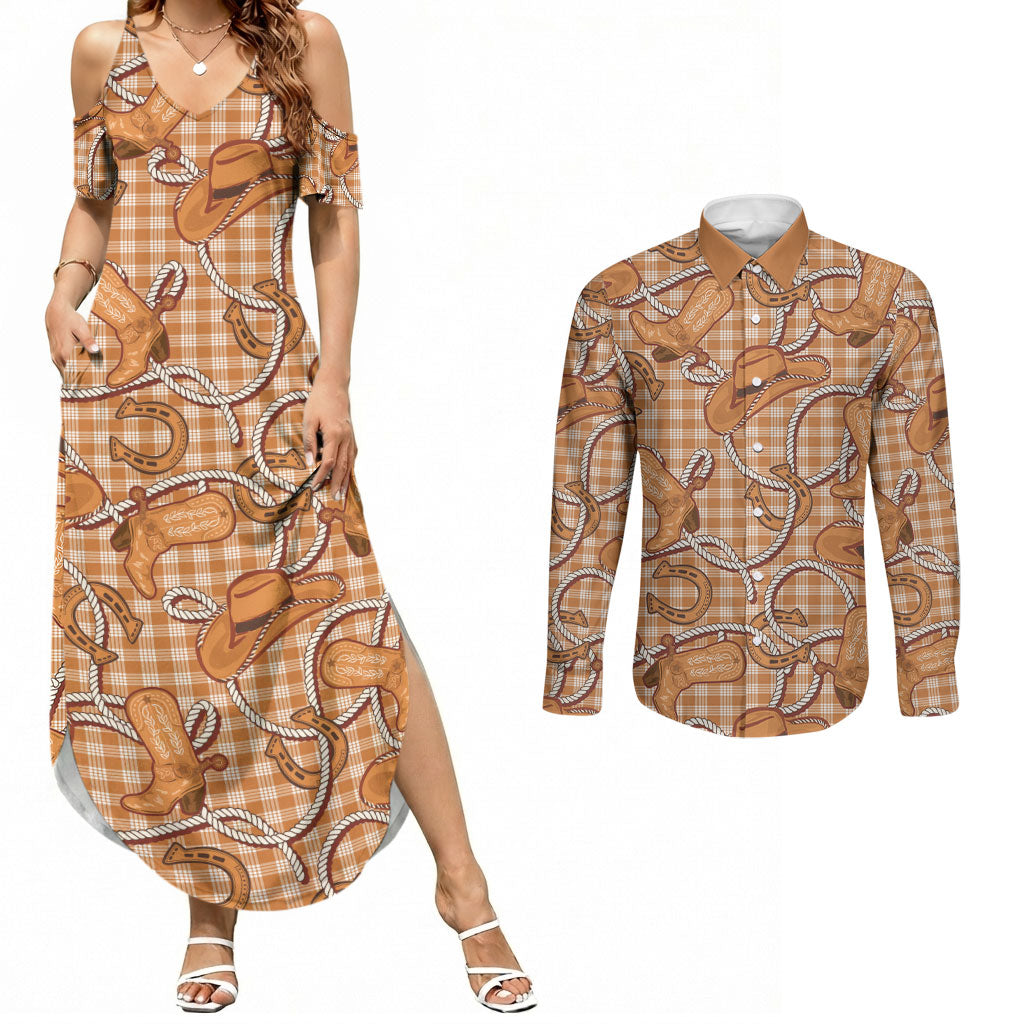 Brown Hawaii Palaka Cowboy Couples Matching Summer Maxi Dress and Long Sleeve Button Shirt Hawaiian Paniolo Festival Spirit LT19 Brown - Polynesian Pride