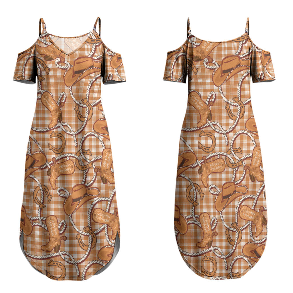 Brown Hawaii Palaka Cowboy Couples Matching Summer Maxi Dress and Long Sleeve Button Shirt Hawaiian Paniolo Festival Spirit