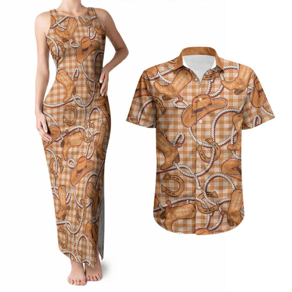Brown Hawaii Palaka Cowboy Couples Matching Tank Maxi Dress and Hawaiian Shirt Hawaiian Paniolo Festival Spirit LT19 Brown - Polynesian Pride