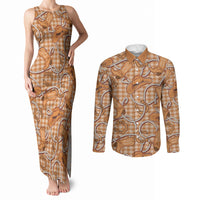 Brown Hawaii Palaka Cowboy Couples Matching Tank Maxi Dress and Long Sleeve Button Shirt Hawaiian Paniolo Festival Spirit