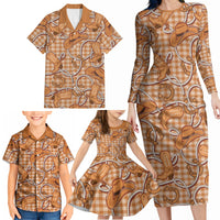 Brown Hawaii Palaka Cowboy Family Matching Long Sleeve Bodycon Dress and Hawaiian Shirt Hawaiian Paniolo Festival Spirit