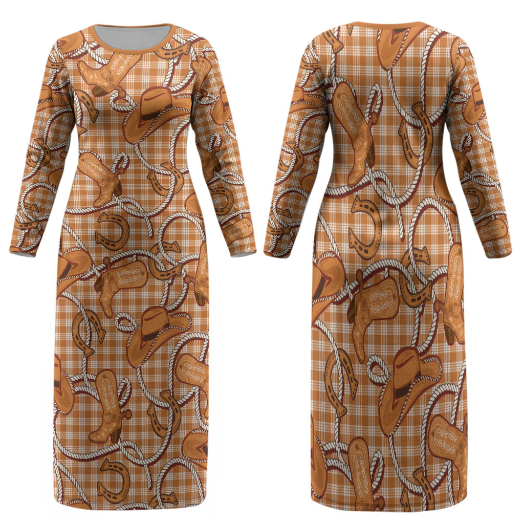 Brown Hawaii Palaka Cowboy Family Matching Long Sleeve Bodycon Dress and Hawaiian Shirt Hawaiian Paniolo Festival Spirit