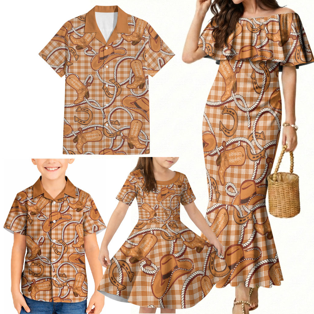 Brown Hawaii Palaka Cowboy Family Matching Mermaid Dress and Hawaiian Shirt Hawaiian Paniolo Festival Spirit