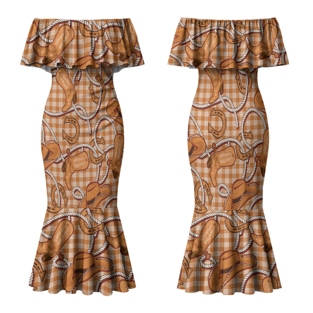 Brown Hawaii Palaka Cowboy Family Matching Mermaid Dress and Hawaiian Shirt Hawaiian Paniolo Festival Spirit