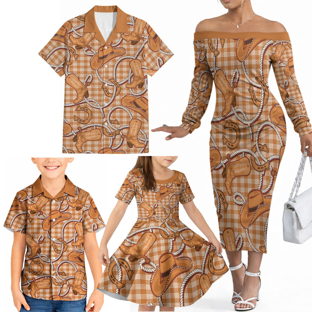 Brown Hawaii Palaka Cowboy Family Matching Off The Shoulder Long Sleeve Dress and Hawaiian Shirt Hawaiian Paniolo Festival Spirit LT19 - Polynesian Pride