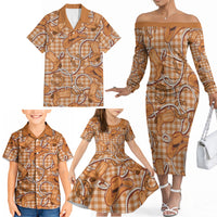 Brown Hawaii Palaka Cowboy Family Matching Off The Shoulder Long Sleeve Dress and Hawaiian Shirt Hawaiian Paniolo Festival Spirit
