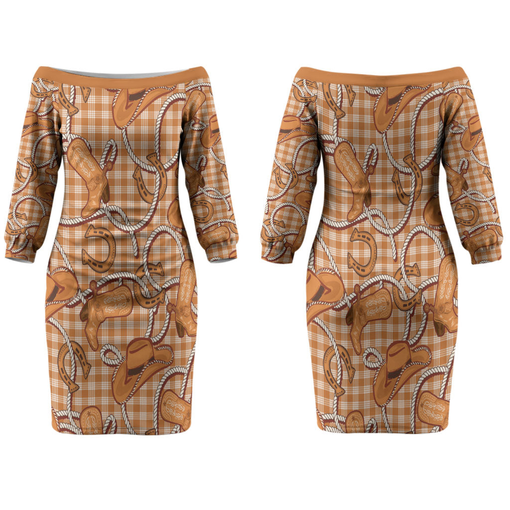 Brown Hawaii Palaka Cowboy Family Matching Off The Shoulder Long Sleeve Dress and Hawaiian Shirt Hawaiian Paniolo Festival Spirit