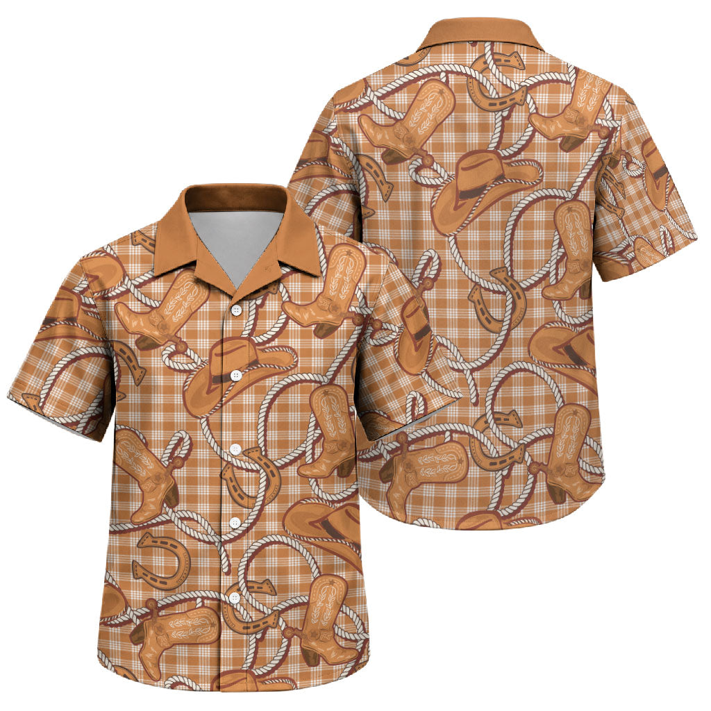Brown Hawaii Palaka Cowboy Family Matching Off The Shoulder Long Sleeve Dress and Hawaiian Shirt Hawaiian Paniolo Festival Spirit