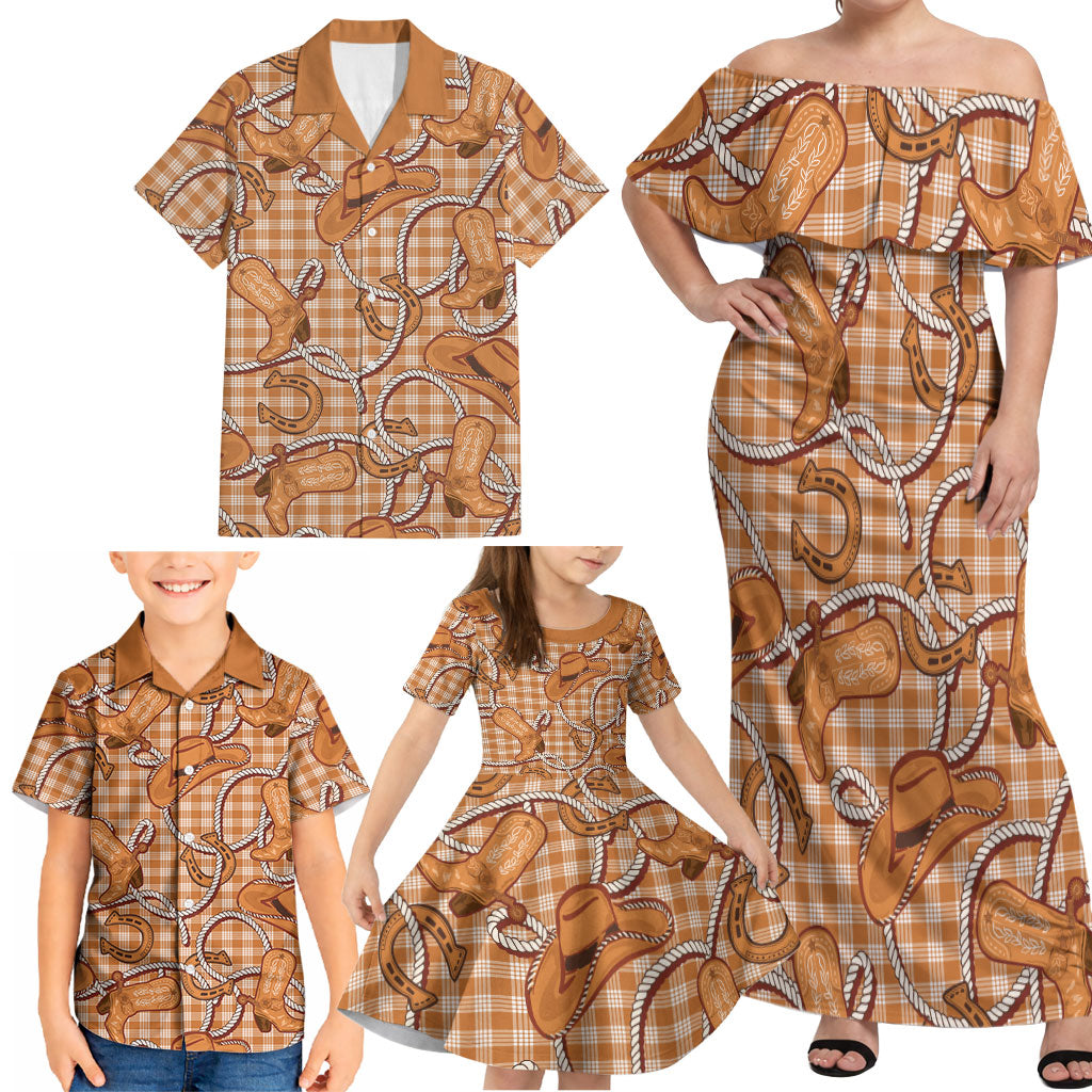 Brown Hawaii Palaka Cowboy Family Matching Off Shoulder Maxi Dress and Hawaiian Shirt Hawaiian Paniolo Festival Spirit