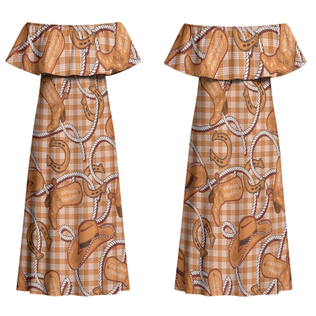Brown Hawaii Palaka Cowboy Family Matching Off Shoulder Maxi Dress and Hawaiian Shirt Hawaiian Paniolo Festival Spirit