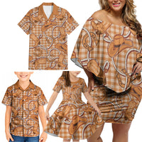 Brown Hawaii Palaka Cowboy Family Matching Off Shoulder Short Dress and Hawaiian Shirt Hawaiian Paniolo Festival Spirit