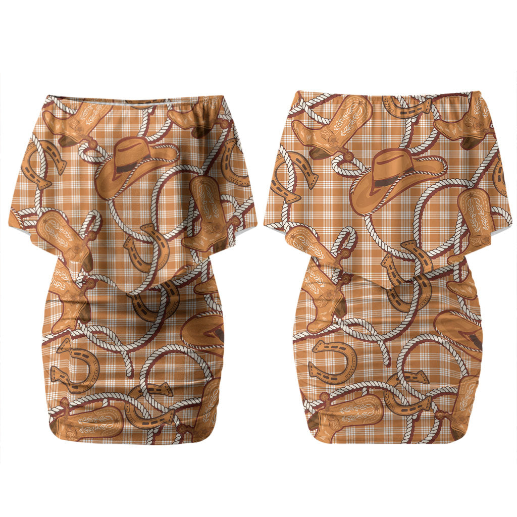 Brown Hawaii Palaka Cowboy Family Matching Off Shoulder Short Dress and Hawaiian Shirt Hawaiian Paniolo Festival Spirit