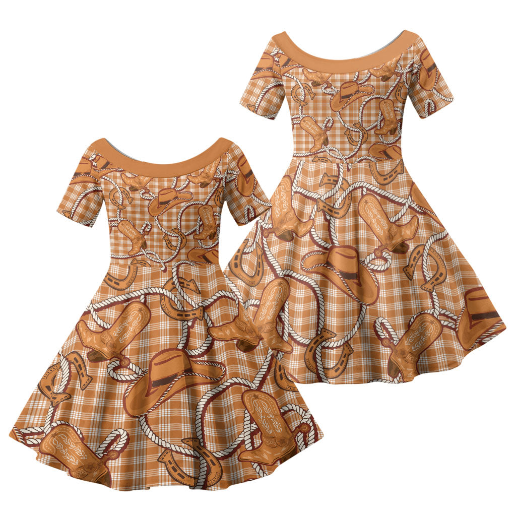 Brown Hawaii Palaka Cowboy Family Matching Off Shoulder Short Dress and Hawaiian Shirt Hawaiian Paniolo Festival Spirit