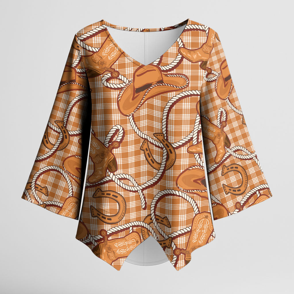Brown Hawaii Palaka Cowboy Kimono Sleeve Blouse Hawaiian Paniolo Festival Spirit LT19 Female Brown - Polynesian Pride
