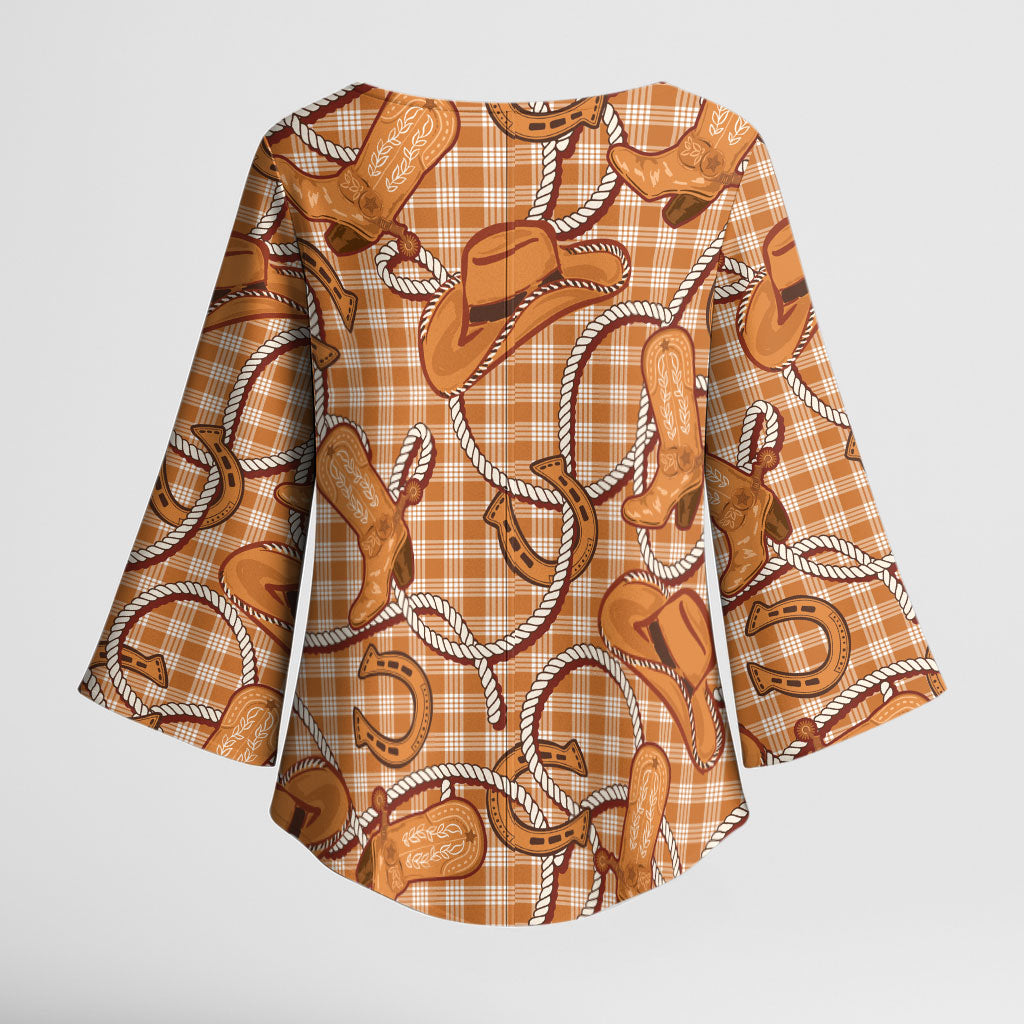 Brown Hawaii Palaka Cowboy Kimono Sleeve Blouse Hawaiian Paniolo Festival Spirit
