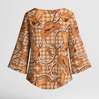Brown Hawaii Palaka Cowboy Kimono Sleeve Blouse Hawaiian Paniolo Festival Spirit