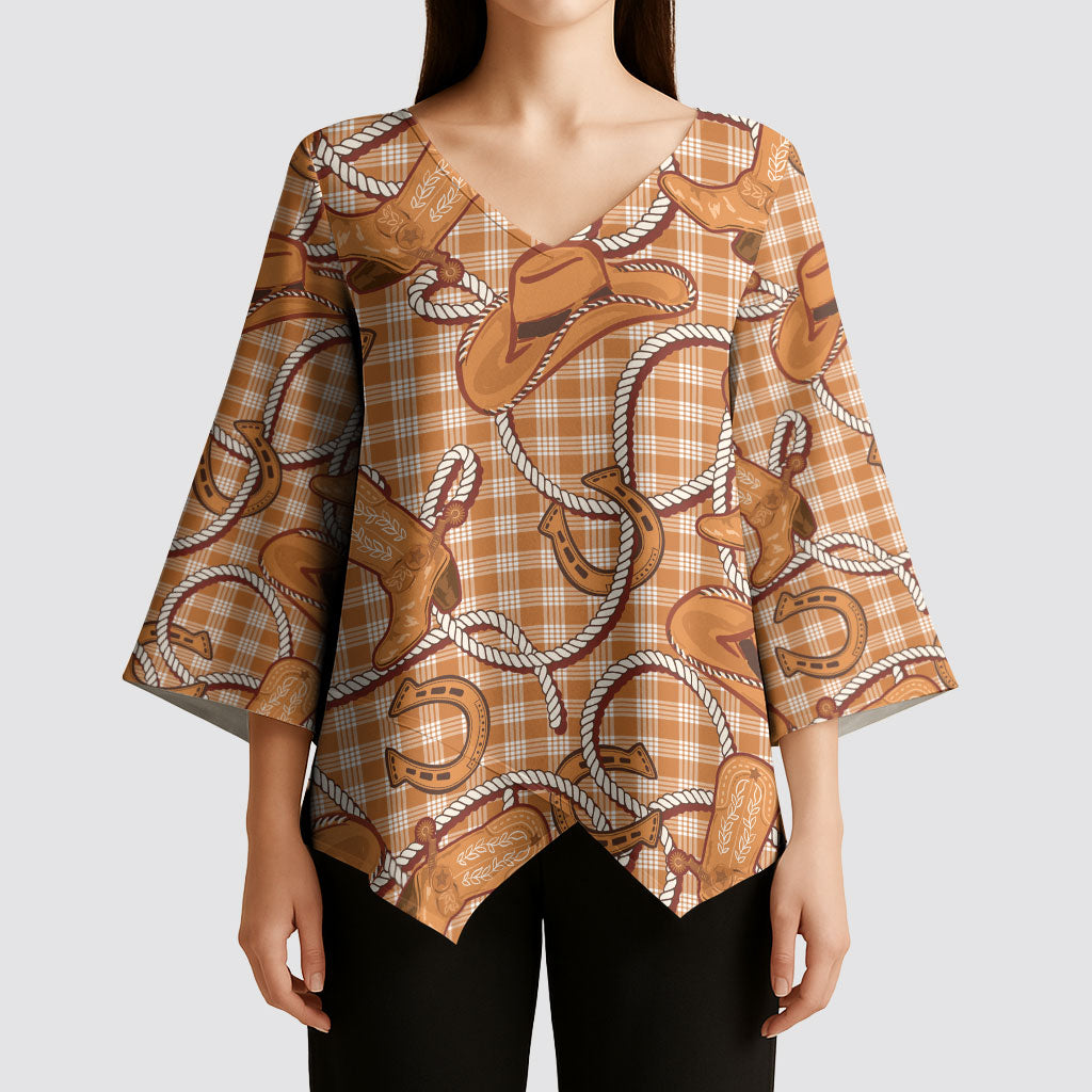 Brown Hawaii Palaka Cowboy Kimono Sleeve Blouse Hawaiian Paniolo Festival Spirit