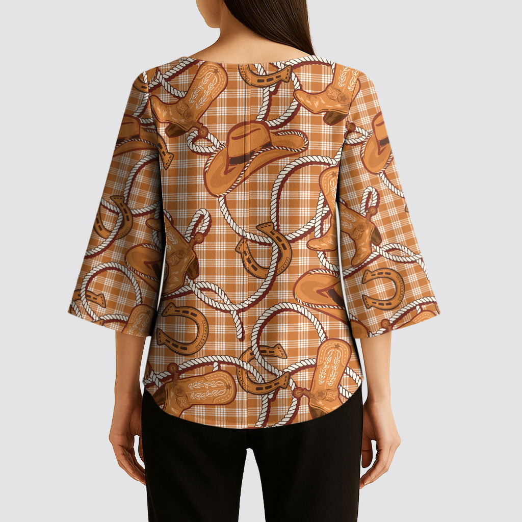 Brown Hawaii Palaka Cowboy Kimono Sleeve Blouse Hawaiian Paniolo Festival Spirit