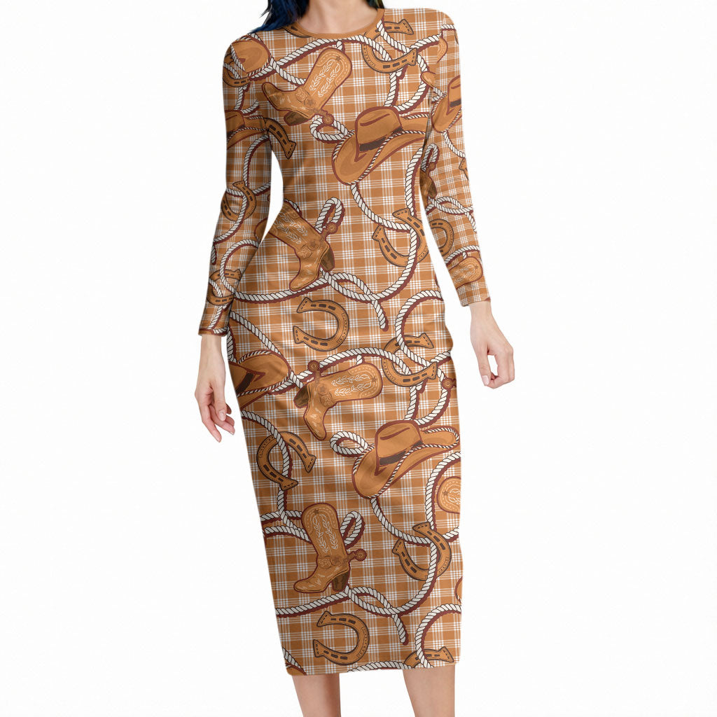 Brown Hawaii Palaka Cowboy Long Sleeve Bodycon Dress Hawaiian Paniolo Festival Spirit