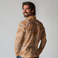 Brown Hawaii Palaka Cowboy Long Sleeve Polo Shirt Hawaiian Paniolo Festival Spirit