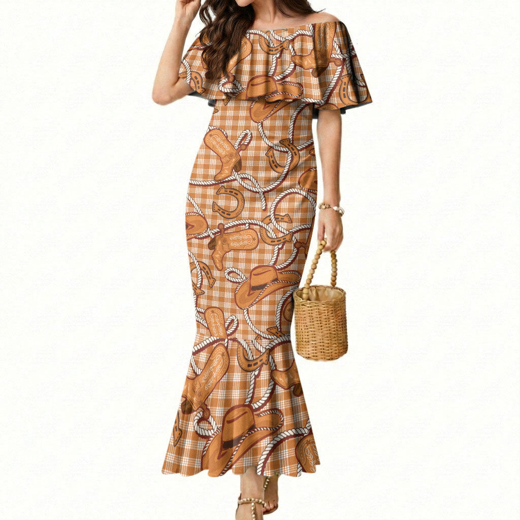Brown Hawaii Palaka Cowboy Mermaid Dress Hawaiian Paniolo Festival Spirit