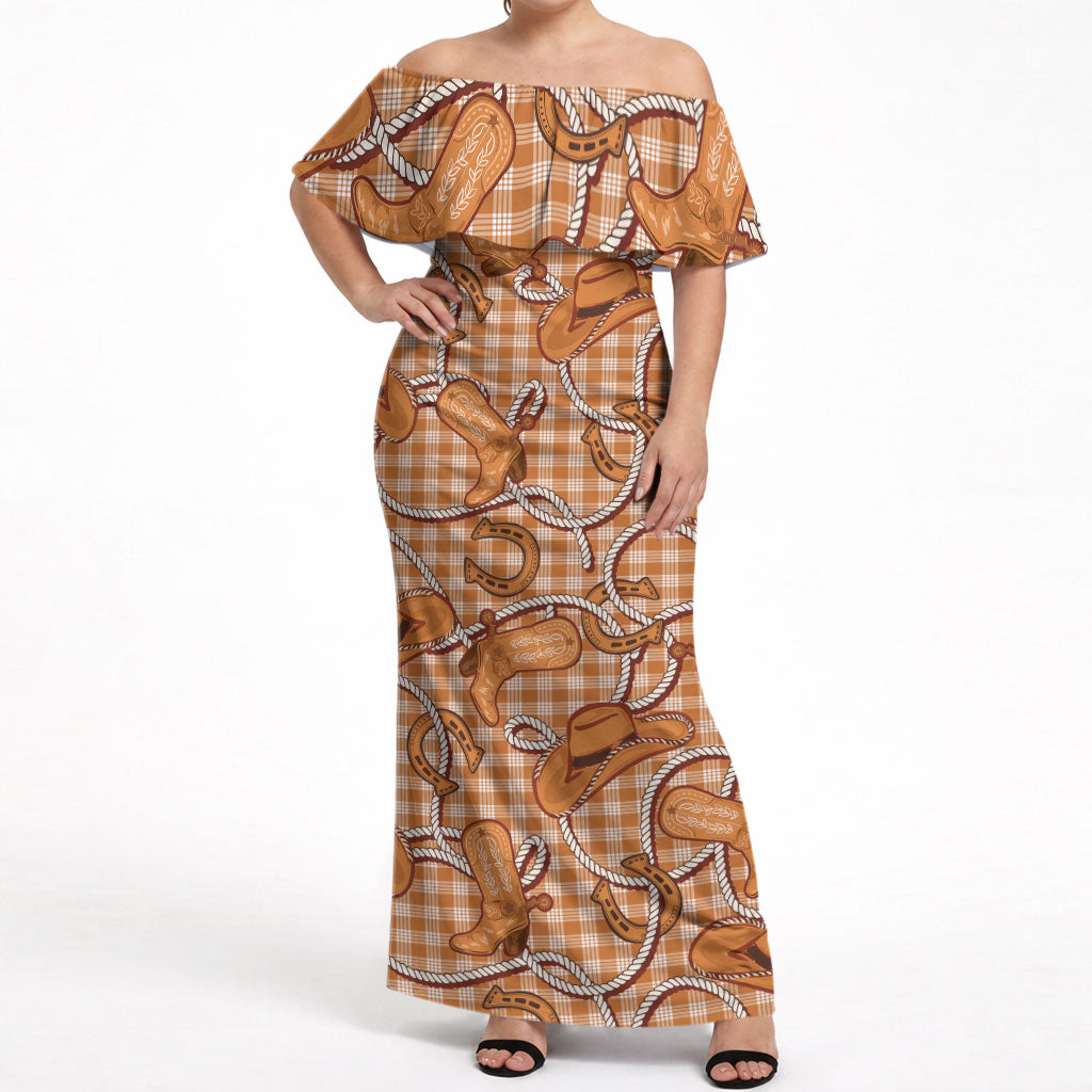 Brown Hawaii Palaka Cowboy Off Shoulder Maxi Dress Hawaiian Paniolo Festival Spirit