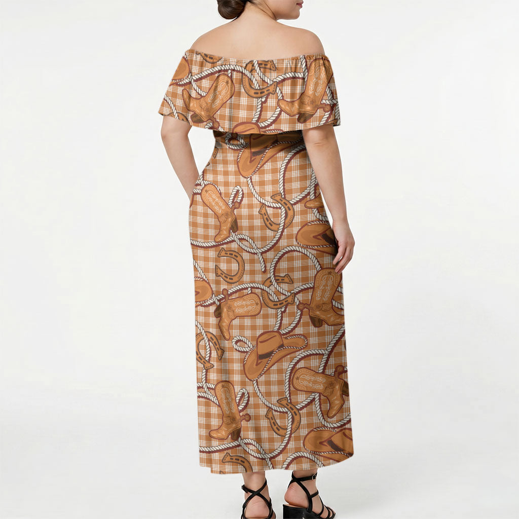 Brown Hawaii Palaka Cowboy Off Shoulder Maxi Dress Hawaiian Paniolo Festival Spirit