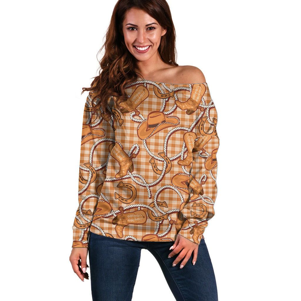 Brown Hawaii Palaka Cowboy Off Shoulder Sweater Hawaiian Paniolo Festival Spirit