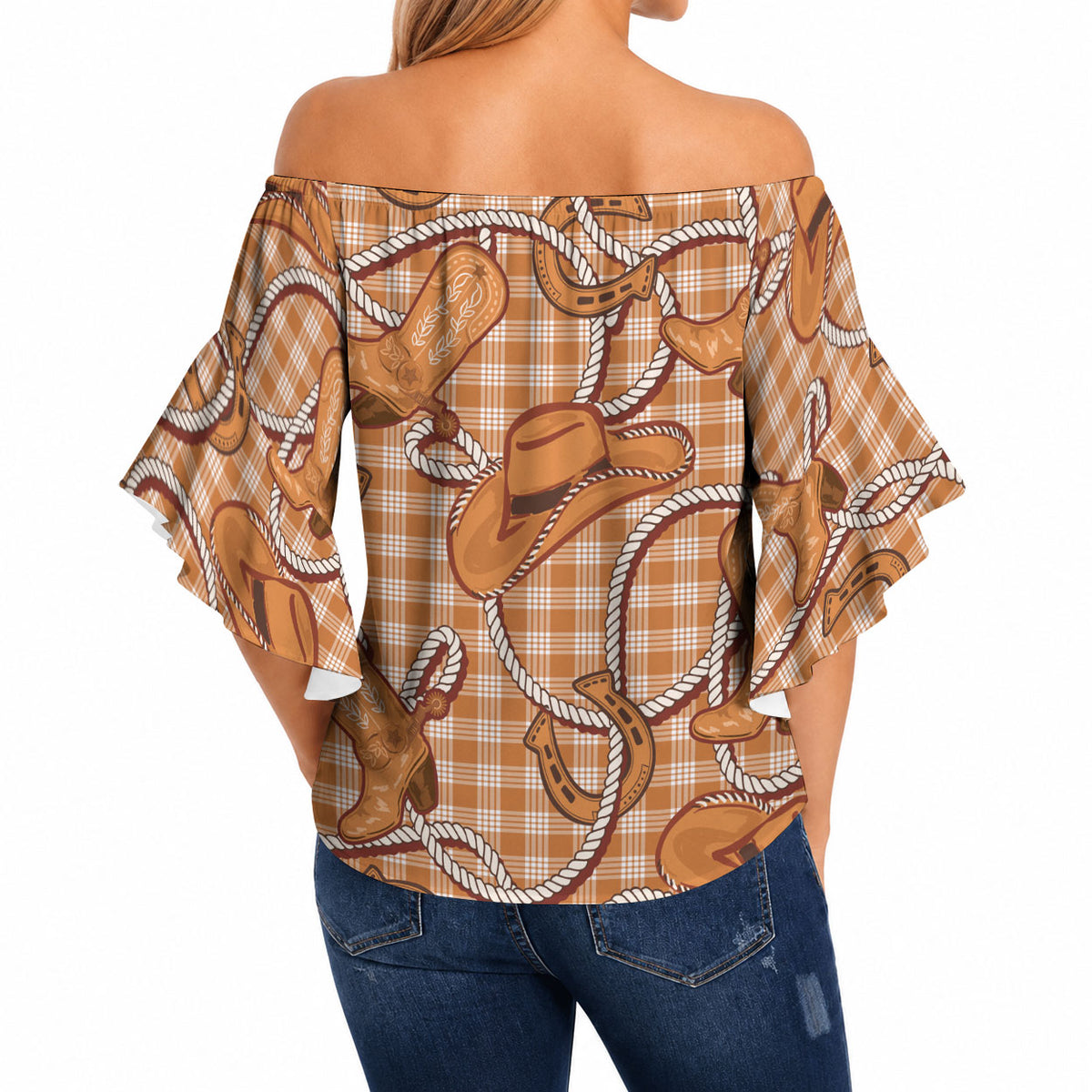Brown Hawaii Palaka Cowboy Off Shoulder Wrap Waist Top Hawaiian Paniolo Festival Spirit