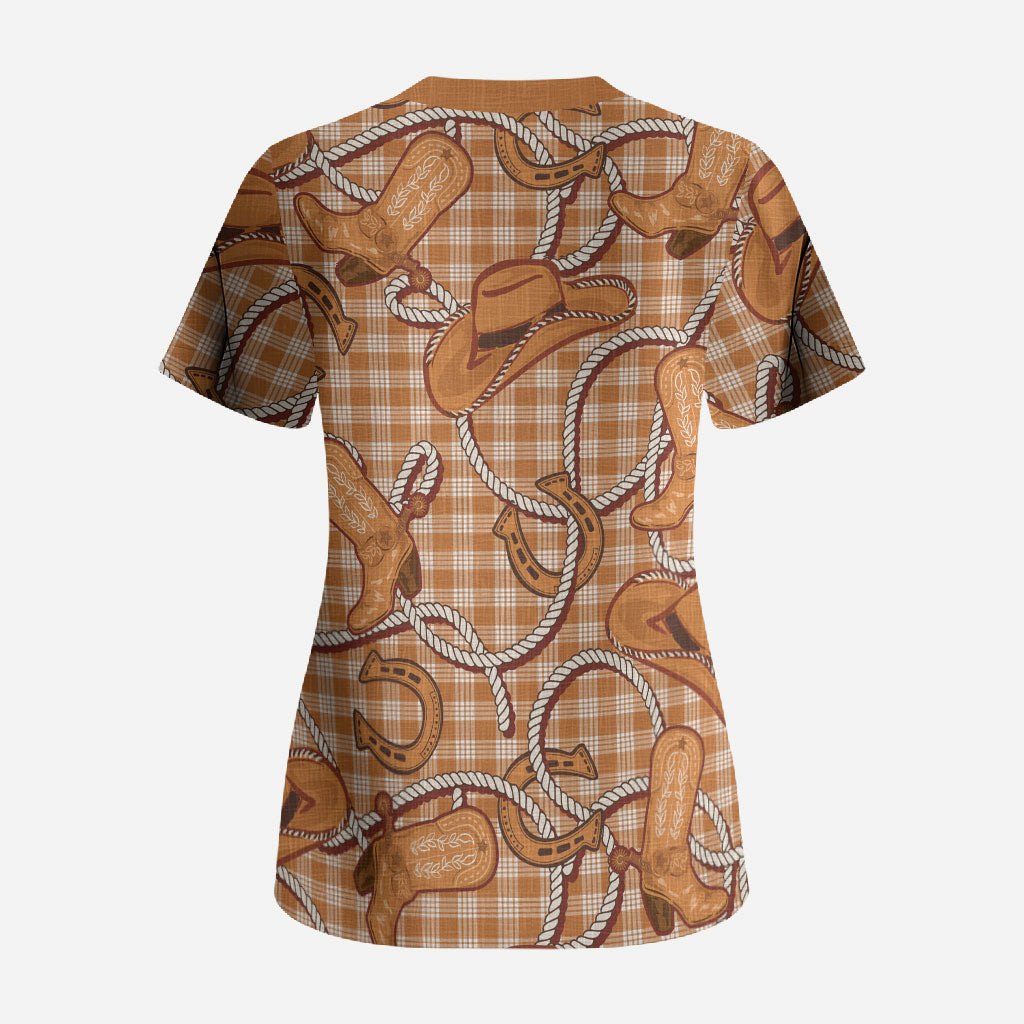 Brown Hawaii Palaka Cowboy Scrub Top Hawaiian Paniolo Festival Spirit